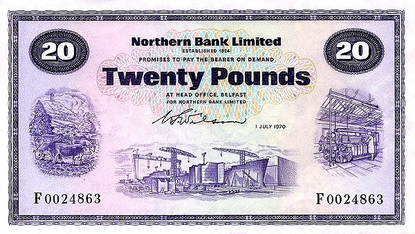 NORTHERN IRELAND 20 Pounds 1970 Pick 190 collectible banknote