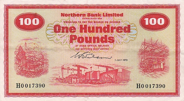 NORTHERN IRELAND 100 Pounds 1970 Pick 192 collectible banknote