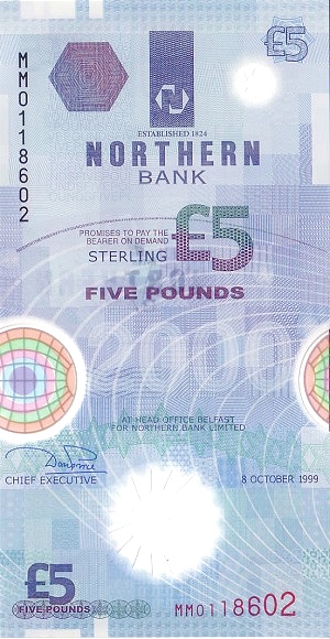 NORTHERN IRELAND 5 Pounds 1999 Pick 203 collectible banknote