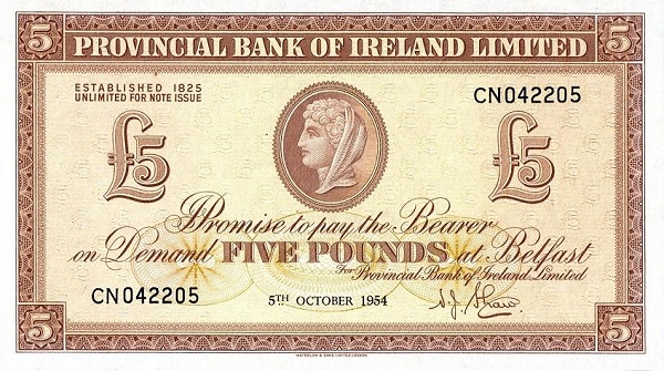 NORTHERN IRELAND 5 Pounds 1954 Pick 242 collectible banknote