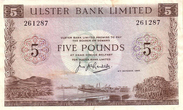 NORTHERN IRELAND 5 Pounds 1966 Pick 322 collectible banknote