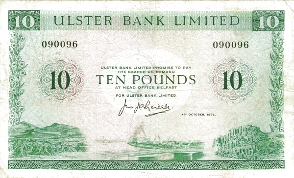 NORTHERN IRELAND 10 Pounds 1966 Pick 323 collectible banknote