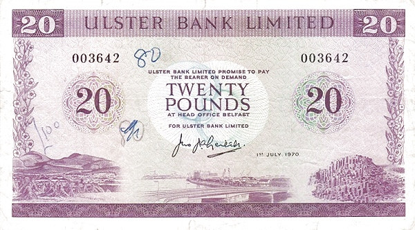 NORTHERN IRELAND 20 Pounds 1970 Pick 324 collectible banknote