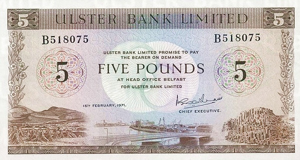 NORTHERN IRELAND 5 Pounds 1971 Pick 326 collectible banknote