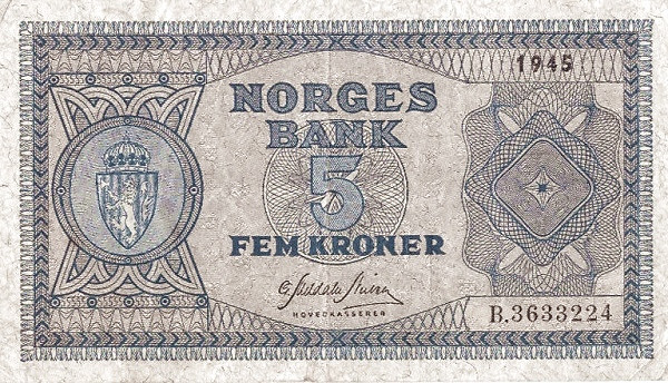NORWAY 5 Kroner 1954 Pick 25