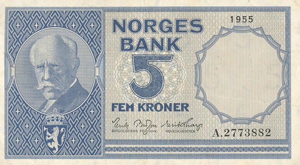 NORWAY 5 Kroner 1955 Pick 30 collectible banknote