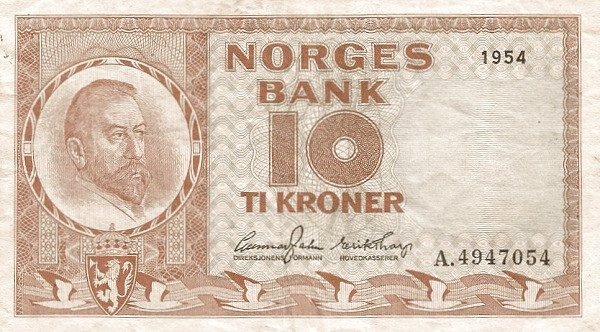 NORWAY 10 Kroner 1954 Pick 31 collectible banknote