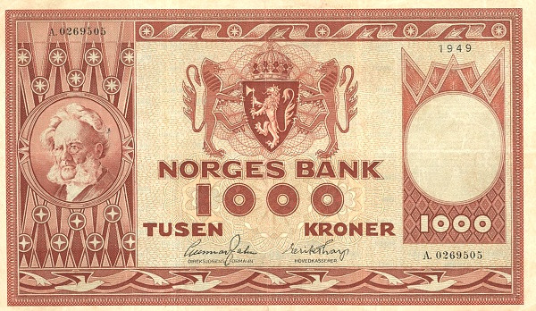 NORWAY 1000 Kroner 1974 Pick 35 collectible banknote