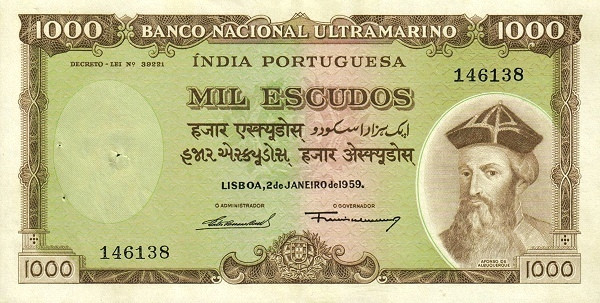 PORTUGUESE INDIA 1000 Escudos 1959 Pick 46 collectible banknote