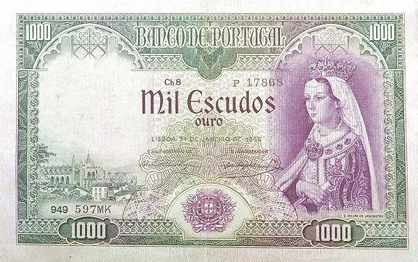 PORTUGAL 1000 Escudos 1956 Pick 161 collectible banknote