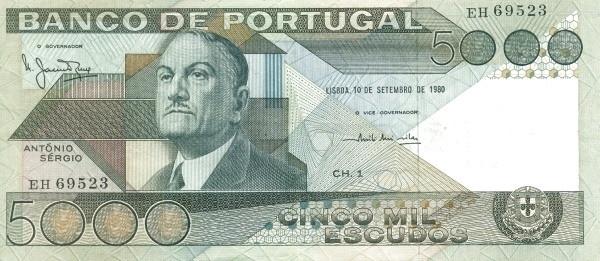 PORTUGAL 5000 Escudos 1980 Pick 182 collectible banknote