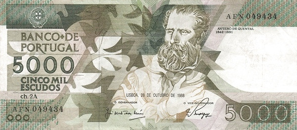 PORTUGAL 5000 Escudos 1988 Pick 184 collectible banknote