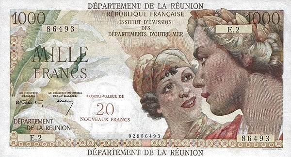RÉUNION 20 Nouveaux 1967 Pick 55 collectible banknote
