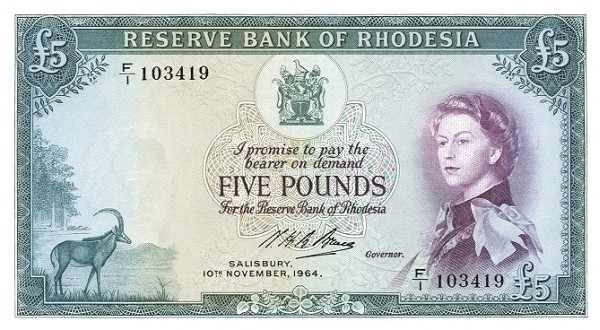 RHODESIA 5 Pounds 1964 Pick 26