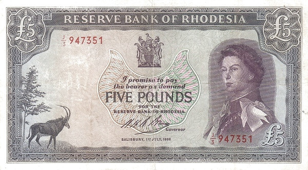 RHODESIA 5 Pounds 1966 Pick 29 collectible banknote