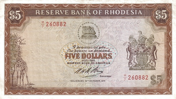 RHODESIA 5 Dollars 1972 Pick 32 collectible banknote