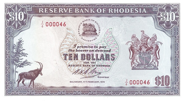 RHODESIA 10 Dollars 1970 Pick 33 collectible banknote