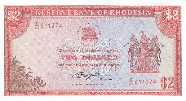 RHODESIA 2 Dollars 1976 Pick 35 collectible banknote