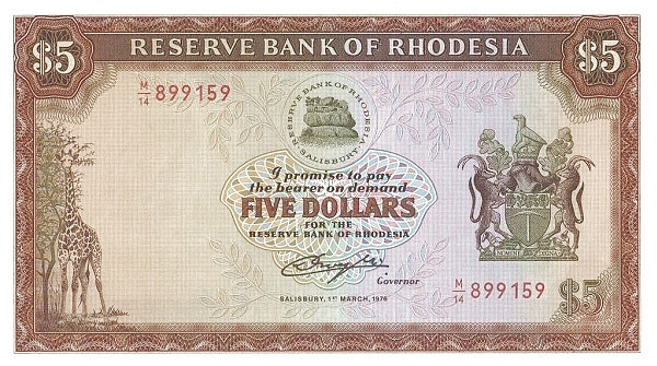 RHODESIA 5 Dollars 1976 Pick 36 collectible banknote