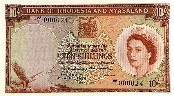 RHODESIA AND NYASALAND 10 Shillings 1956 Pick 20