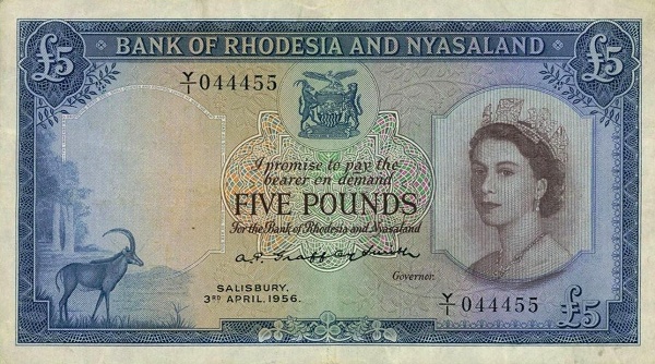 RHODESIA AND NYASALAND 5 Pounds 1956 Pick 22