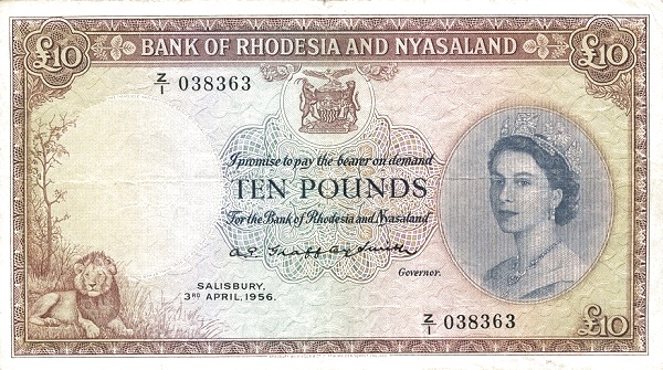 RHODESIA AND NYASALAND 10 Pounds 1956 Pick 23