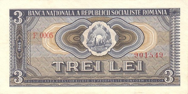 ROMANIA 3 Lei 1966 Pick 92 collectible banknote
