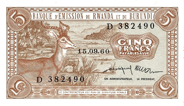 RWANDA-BURUNDI 5 Francs 1960 Pick 1 collectible banknote