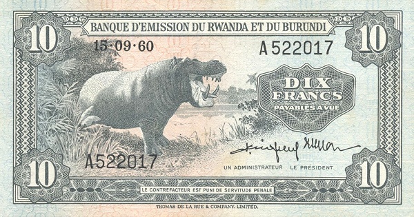 RWANDA-BURUNDI 10 Francs 1960 Pick 2 collectible banknote