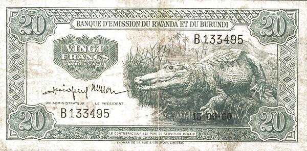 RWANDA-BURUNDI 20 Francs 1960 Pick 3 collectible banknote