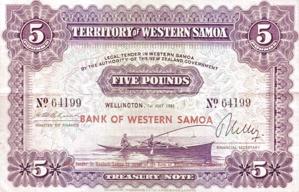 SAMOA 5 Pounds 1961 Pick 12 collectible banknote
