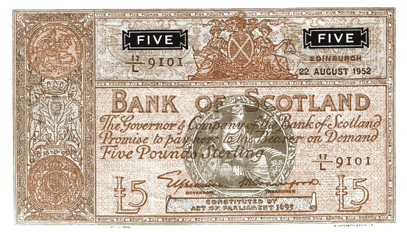 SCOTLAND 5 Pounds 1953 Pick 98 collectible banknote