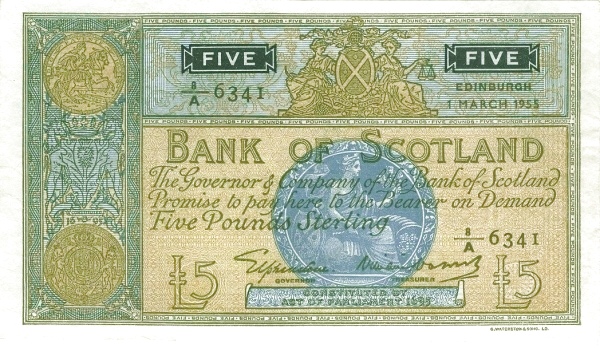 SCOTLAND 5 Pounds 1953 Pick 99 collectible banknote