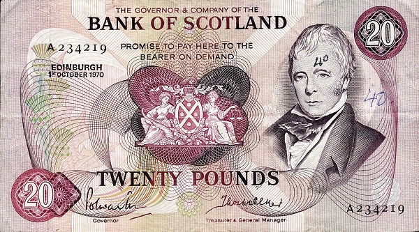 SCOTLAND 20 Pounds 1970 Pick 114 collectible banknote