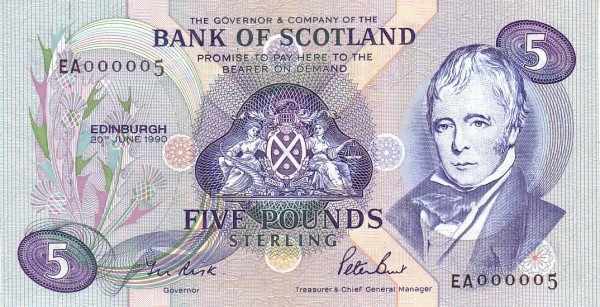 SCOTLAND 5 Pounds 1990 Pick 116 collectible banknote