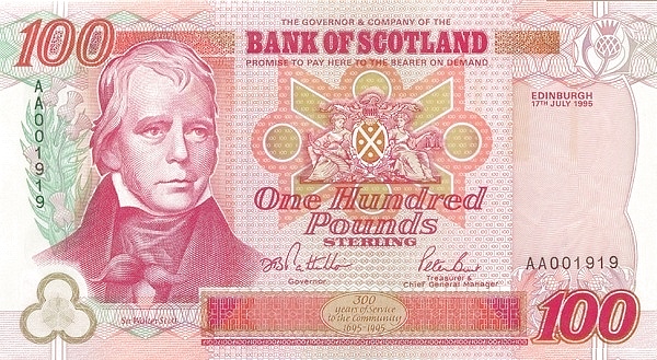 SCOTLAND 100 Pounds 1995 Pick 123 collectible banknote