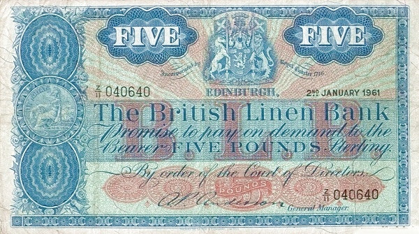 SCOTLAND 5 Pounds 1961 Pick 163 collectible banknote