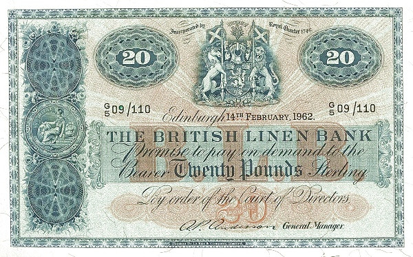 SCOTLAND 20 Pounds 1962 Pick 164 collectible banknote