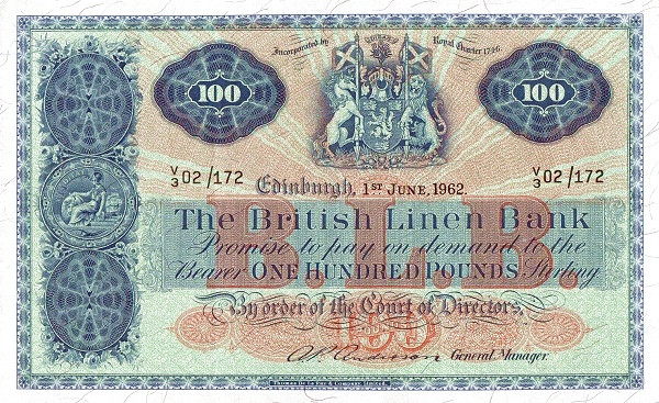 SCOTLAND 100 Pounds 1962 Pick 165 collectible banknote