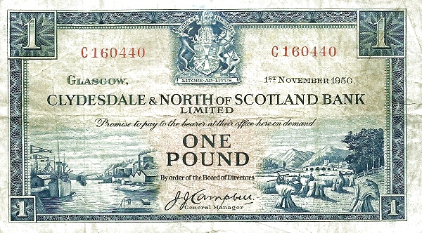 SCOTLAND 1 Pound 1950 Pick 191 collectible banknote
