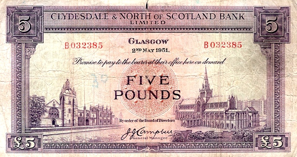 SCOTLAND 5 Pounds 1951 Pick 192 collectible banknote