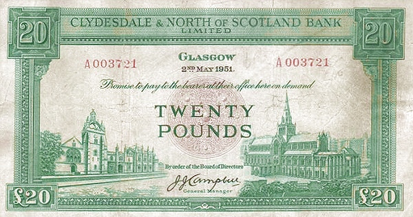 SCOTLAND 20 Pounds 1951 Pick 193 collectible banknote