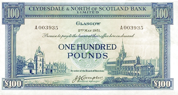 SCOTLAND 100 Pounds 1951 Pick 194 collectible banknote