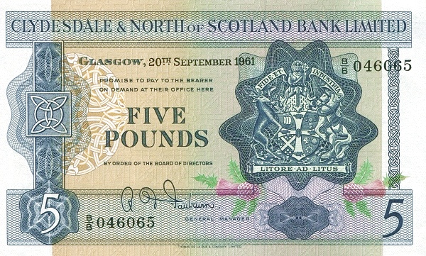 SCOTLAND 5 Pounds 1961 Pick 196 collectible banknote