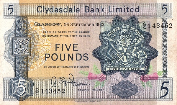 SCOTLAND 5 Pounds 1963 Pick 198 collectible banknote