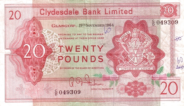 SCOTLAND 20 Pounds 1964 Pick 200 collectible banknote