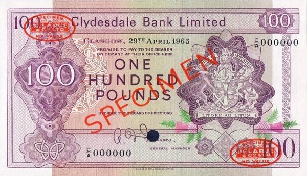 SCOTLAND 100 Pounds 1965 Pick 201 collectible banknote