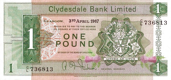 SCOTLAND 1 Pound 1967 Pick 202 collectible banknote