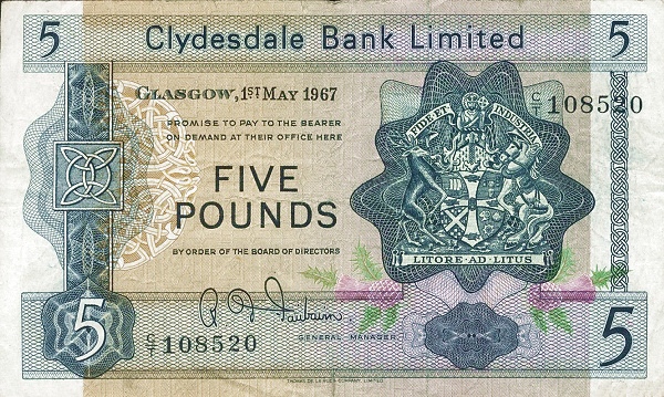 SCOTLAND 5 Pounds 1967 Pick 203 collectible banknote