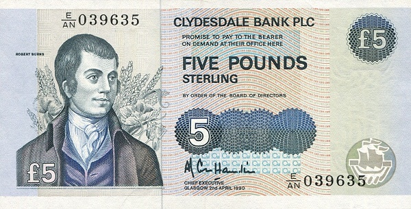 SCOTLAND 5 Pounds 1990 Pick 218 collectible banknote